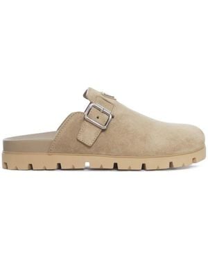 Prada Logo Buckle Suede Mules - White