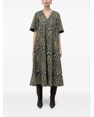 Ganni Leopard Print A-Line Dress V-Neck - Green