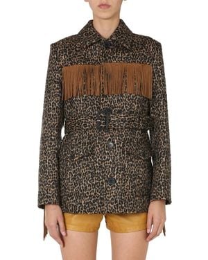 Saint Laurent Fringed Wool And Alpaca Felt Jacket With Leopard Print - Black