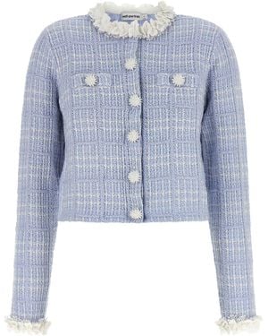 Self-Portrait Check Knit Jacket - Blue