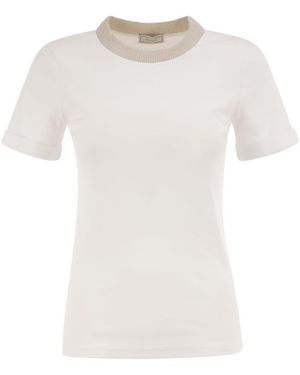 Peserico Stretch Cotton Jersey T-Shirt With Lamé Knit Neckline - White