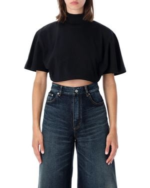Alaïa Mini Boxy Cropped Cotton T-Shirt With Ribbed Mock Neck - Black