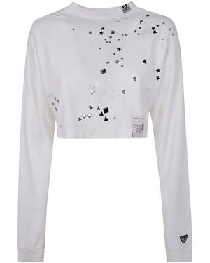 Maison Mihara Yasuhiro Embellished Distressed Long Sleeves Mini Tee - White