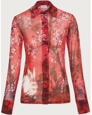 Ferragamo Year Of The Rabbit Silk Chiffon Shirt, Size Medium — /Crimson Print - Red