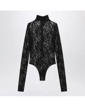 ANDAMANE Semisheer Lace Turtleneck Bodysuit - Black