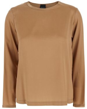 Plain Long Sleeve Silk Blouse - Brown