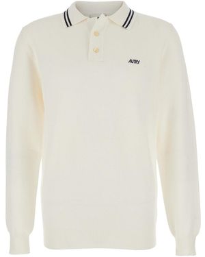 Autry Long-Sleeve Polo Shirt With Striped Collar - White