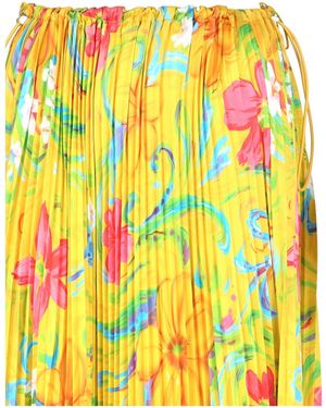 Balenciaga Floral-Print Pleated Drawstring Midi Skirt - Yellow