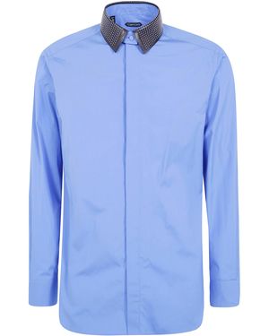 Tom Ford Piece Dyed Poplin Fluid Fit Shirt With Detachable Collar - Blue