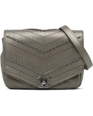 CHANEL Mini Embellished Calfskin Chevron Square Envelop Flap - Gray
