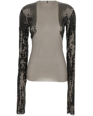 Rick Owens 'Dennis' Cropped T-Shirt With Long Sequin Sleeves - Gray