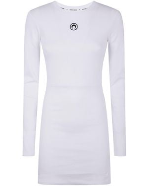 Marine Serre "Moon" Logo Ribbed Jersey Long Sleeves Mini Crewneck Dres - White