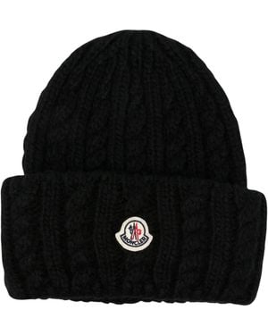 Moncler Berretto Beanie A Trecce Con Patch Logo - Nero