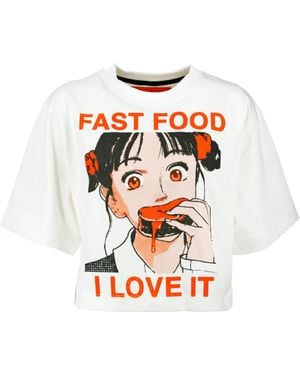 White T-Shirt Crop Fast Food - Bianco