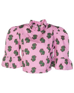 White Camicia Crop Dollars Rosa