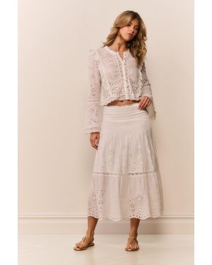 LoveShackFancy Mallow Cotton Bandana Eyelet Midi Skirt For - Natural