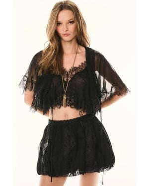 LoveShackFancy Thessisa Silk Lace Cropped Shawl Blouse For - Black