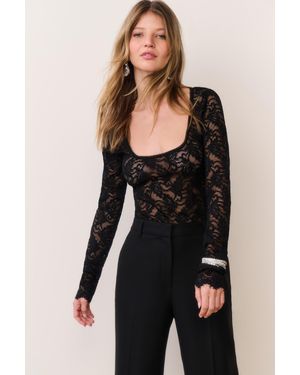 LoveShackFancy Jennie Sheer Lace Long Sleeve Bodysuit For - Black