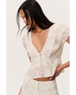 LoveShackFancy Bondy Floral Short Sleeve Blouse For - Natural