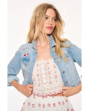 LoveShackFancy Bardot Cherry Denim Jacket For - Blue