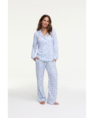 LoveShackFancy X Roller Rabbit Starry Nights Lattice Long Sleeve Polo Pajamas For - Blue