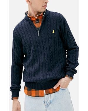 Brave Soul Cable Knit Cardigan Crew Neck Regular Warm Heavy Pullover Jumper - Blue