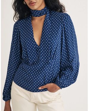 Nobody's Child Karen Polka Dot Tie Neck Blouse - Blue