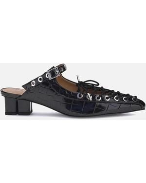 Ganni Oleatex Laced Mules With Tapered Toe And Mini Heel - Black