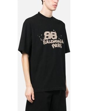 Balenciaga T Shirts Oversized Fit Dirty Bb Logo Distressed Crew Neck Tee - Black