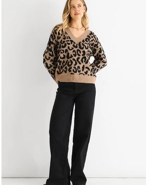 Gini London Camel Animal V Neck Short Knit Jumper - Black