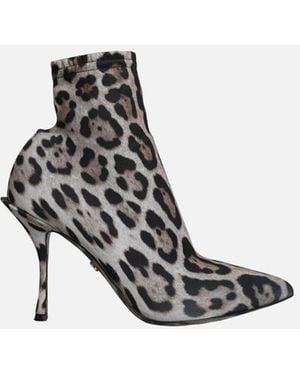 Dolce & Gabbana Leopard Pattern Ankle Boots With Leather Sole - White