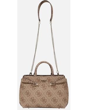 Guess Printed Handbag With Shoulder Strap And Zip Closure - White