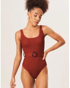 Gini London Chocolate Textured Round Neck Belted Swimsuit