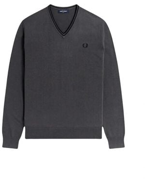 Fred Perry Twin Tipped V-Neck Gunmetal Jumper - Grey