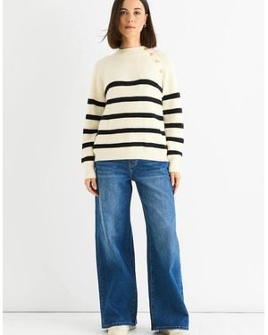 Gini London Cream Stripe Cable Knit Button Oversized Jumper - Blue