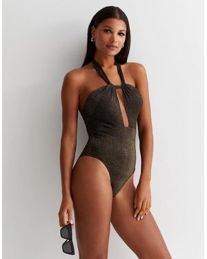 Gini London And Lurex Twisted Halter Swimsuit - Brown