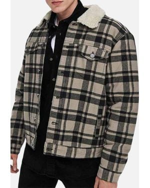 Only & Sons Winter Jacket Long Sleeve Fur Collar Fleece Lumberjack Check Shirt Jacket - Black