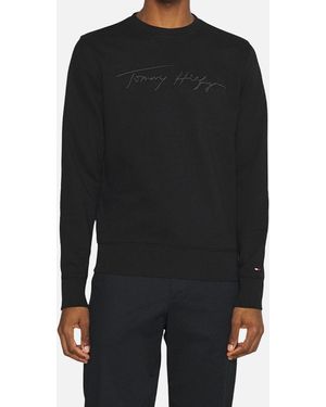 Tommy Hilfiger Sweatshirt Signature Embossed Logo Fleece Pullover Crew Neck - Black