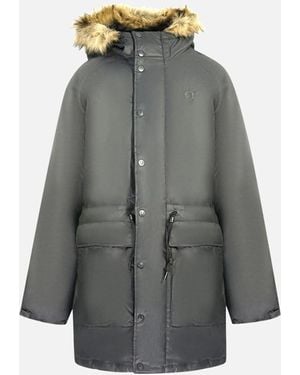Fred Perry Padded Waxed Cotton Hooded Parka Jacket - Grey