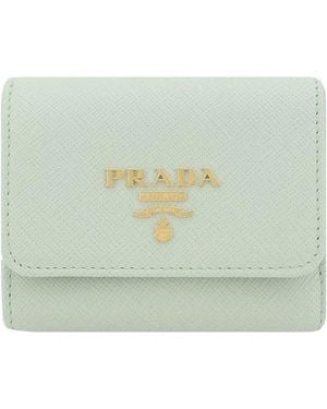 Prada Grained Leather Trifold Wallet With Monogram - Green