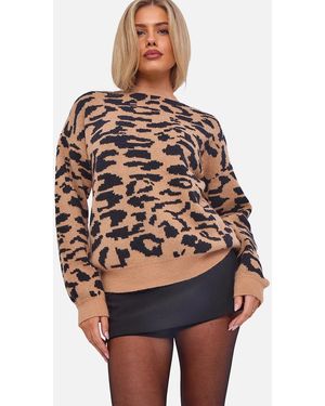 Gini London Camel Animal Print Crew Neck Knit Jumper - Brown