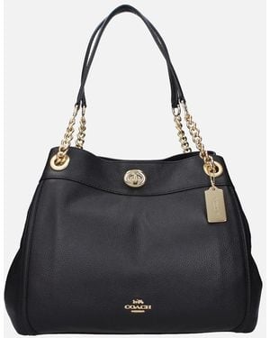 COACH Leather Shoulder Bag With Zip And Turn Lock Closure - Black