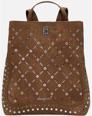 Desigual Rucksack With Hook Button Fastening And Multiple Pockets - Brown