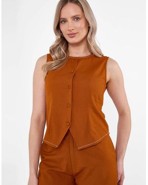 Gini London Rust Cotton Contrast Stitch Detail Waist Coat - Brown