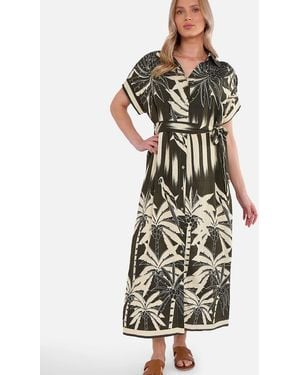 Gini London Khaki Tropical Print Midi Shirt Dress - White