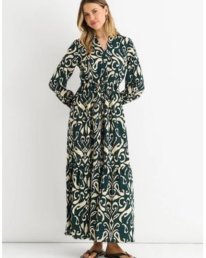 Gini London Ikat Print Tie Waist Maxi Dress - Green