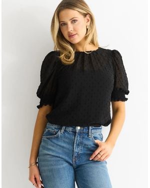 Gini London Dobby Chiffon Shirred Cuff Blouse - Black