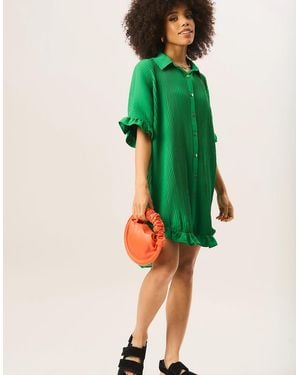 Gini London Plisse Frill Detail Oversized Shirt Dress - Green