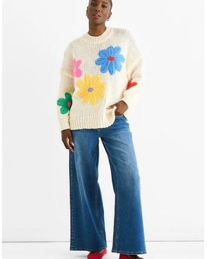 Gini London Cream Floral Crochet Chunky Knit Oversized Jumper - Blue