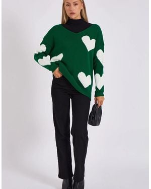 Gini London V Neck Oversized Heart Knit Jumper - Green